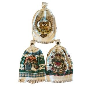 Vintage‎ Kitchen Cloth Tea Towels Crochet Tops W/ Button Bear Rabbits Country